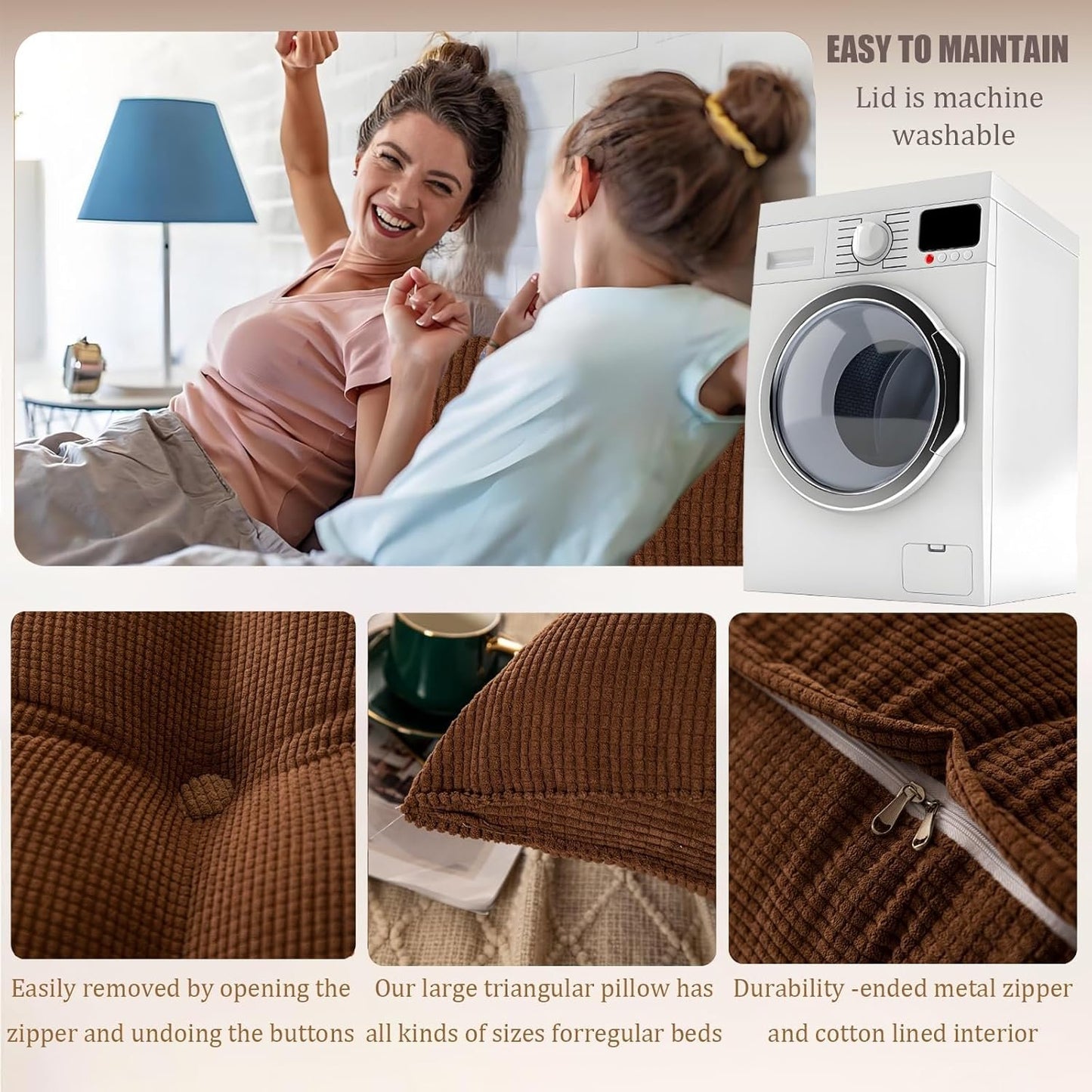 Large Triangular Wedge Pillow for Bed with Removable Cover - Ergonomic Headboard Cushion Reading Pillow Back Support Cushion for Bed, Sofa, Bedrooms(Brown,Queen)