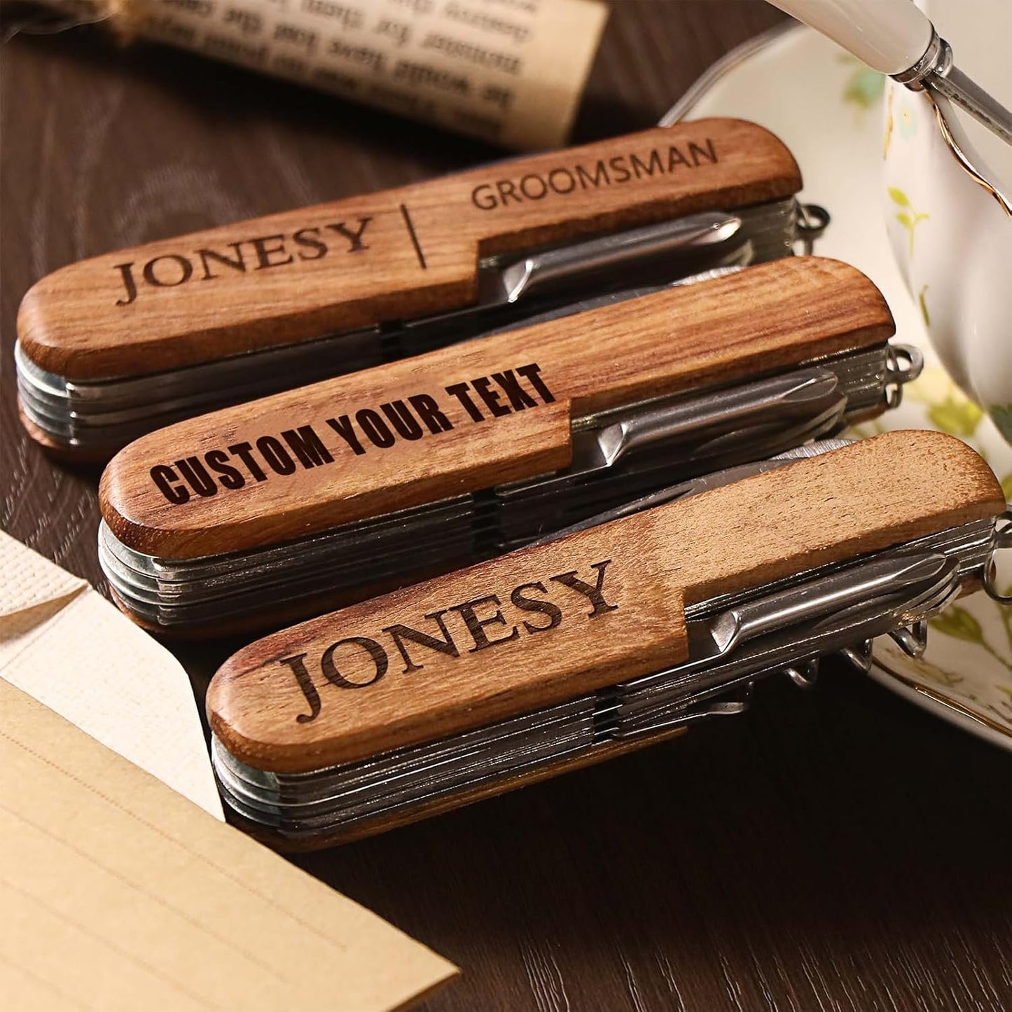 Bireviy Custom Name Multi-Tool Pocket Knife, Engraved Name Text Folding Knife Personalized Multi Function Mini Knives Wooden Handle for Birthday Gifts, Camping, and Everyday Use