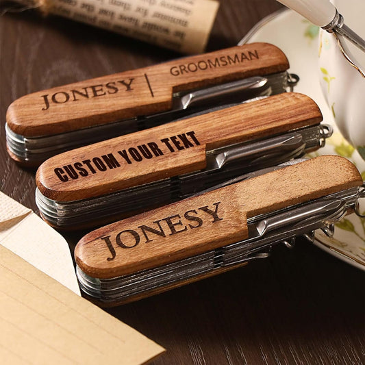 Bireviy Custom Name Multi-Tool Pocket Knife, Engraved Name Text Folding Knife Personalized Multi Function Mini Knives Wooden Handle for Birthday Gifts, Camping, and Everyday Use
