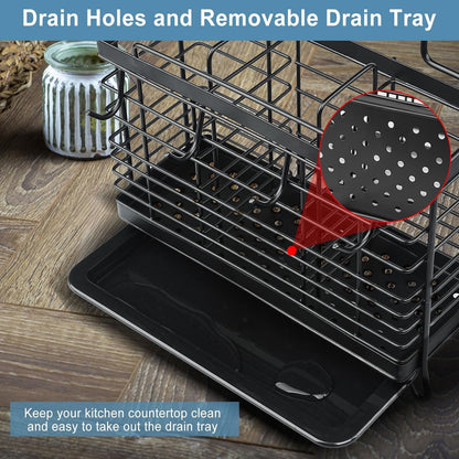 IWNTWY Utensil Holder, 3 Compartments Stainless Steel Utensil Drying Rack, Dish Drainer for Kitchen Counter, Silverware Cutlery Flatware Holder Forks, Knives, Spoons, Chopsticks Organizer (Black)