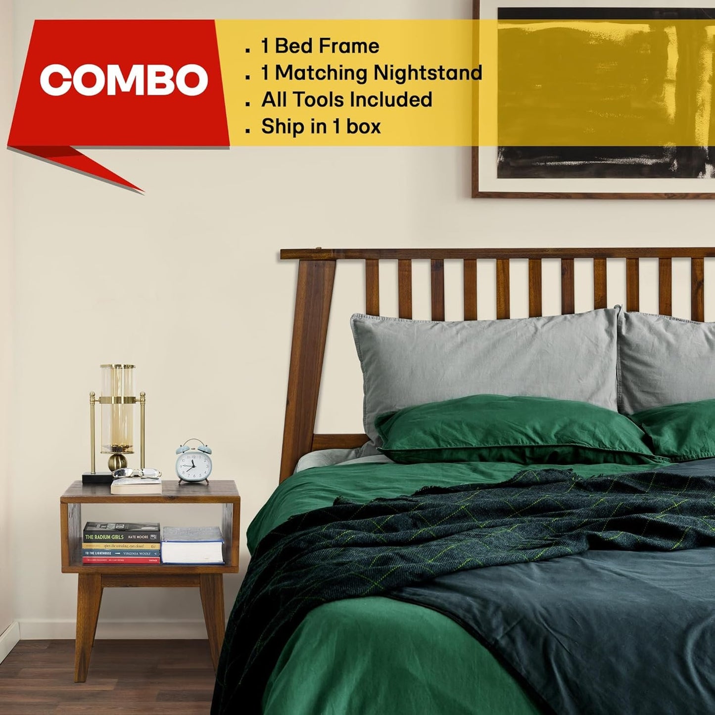 Acacia Kaylin King Solid Wood Platform Bed Frame – Gift Matching Nightstand Included, Mid Century Modern, Walnut Finish, 800 lbs Capacity, No Box Spring, Storage, Easy Assembly