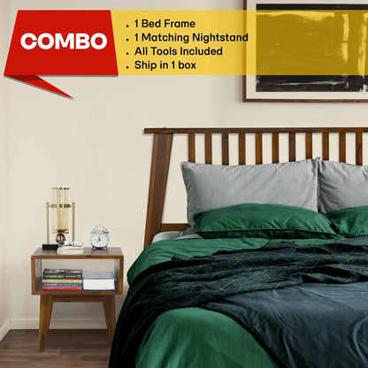Acacia Kaylin King Solid Wood Platform Bed Frame – Gift Matching Nightstand Included, Mid Century Modern, Walnut Finish, 800 lbs Capacity, No Box Spring, Storage, Easy Assembly