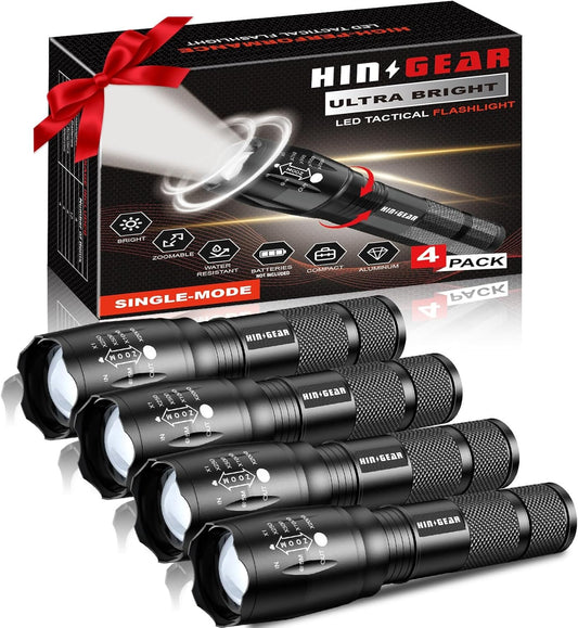 HinsGEAR 1 Mode Flashlights 4 Pack, Super Bright Zoomable LED Tactical Flashlight High Lumens, Water Resistant Portable Pocket Flash Light for Emergency, Camping, Home, and Gift - SL2000