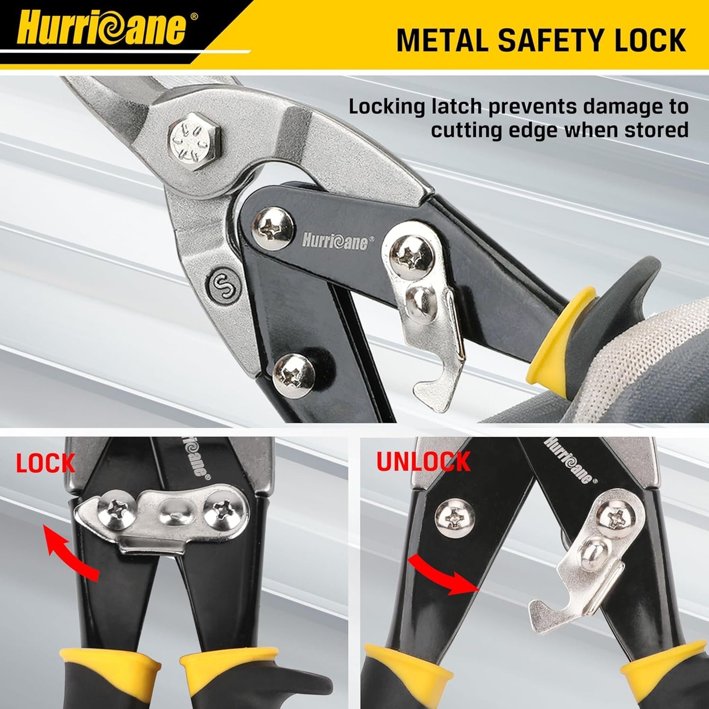 HURRICANE 3 pc Aviation Tin Snips Set, Metal Cutter Shear for Cut Sheet Metal, Chrome Vanadium Steel, Straight Left and Right, Ergonomical TyreGrip Handle with Hang Hole and Safety Latch