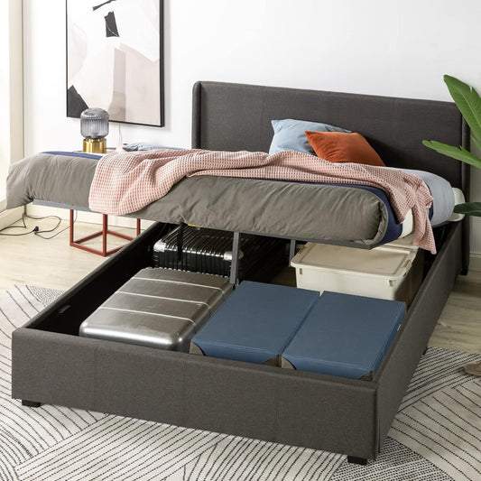 Double Bed Frame, Zinus Fabric Upholstered Bed Base with Gas Lift Storage, Dark Grey, Bedroom Furniture