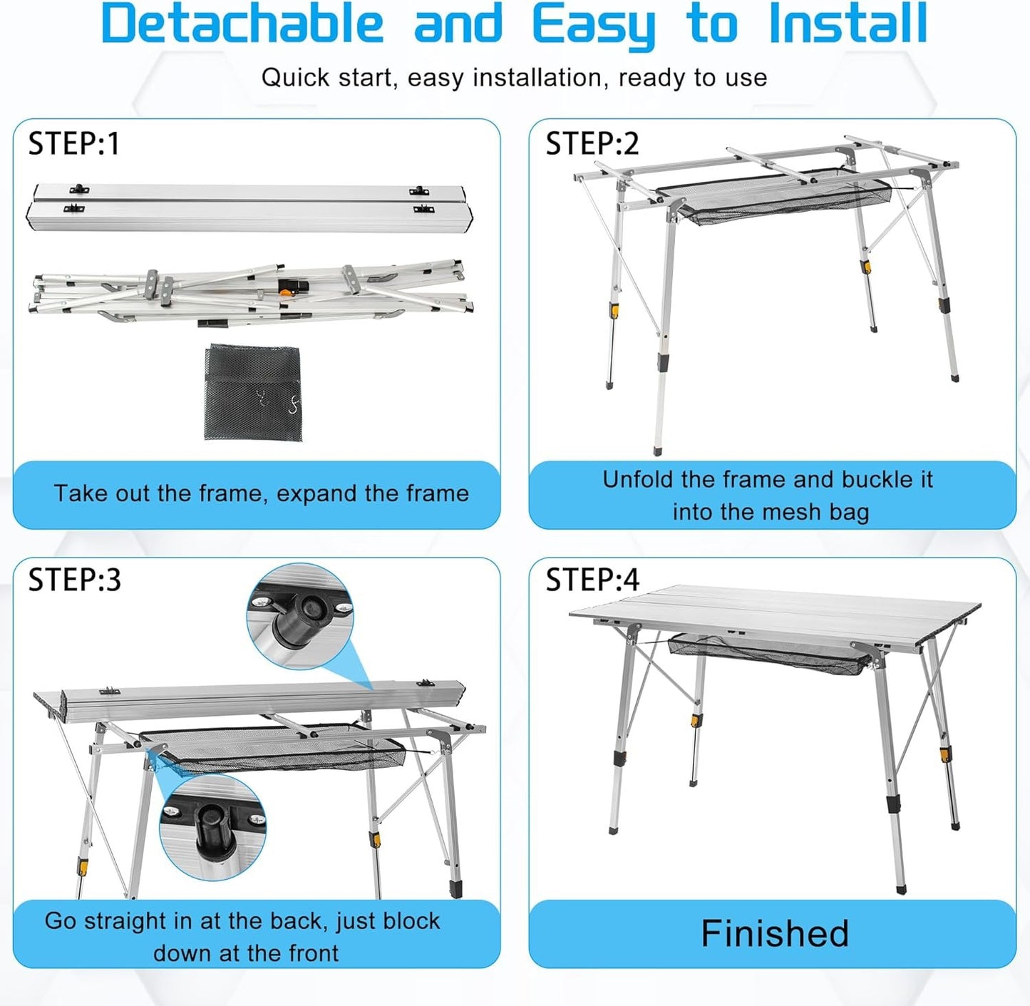 ITHWIU Portable Multi-Functional Camping Liftable Table 47‘’ X 27.5‘’with Aluminum Table Top, Hard-Topped Folding Table with Bag, Suitable for Camping, Picnic, Beach, Dining, Silver