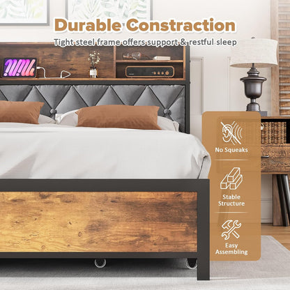 ADVWIN Queen Size Bed Frame with 4 Storage Drawers, Tufted Storage Headboard with Charging Station and USB Port, Rustic Brown & Gray