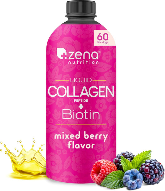 Zena Nutrition Liquid Collagen Peptides and Biotin, 2500mg Verisol Bioactive Collagen Peptides, 5000mcg Biotin, Hair, Skin, Nail Supplement for Women and...