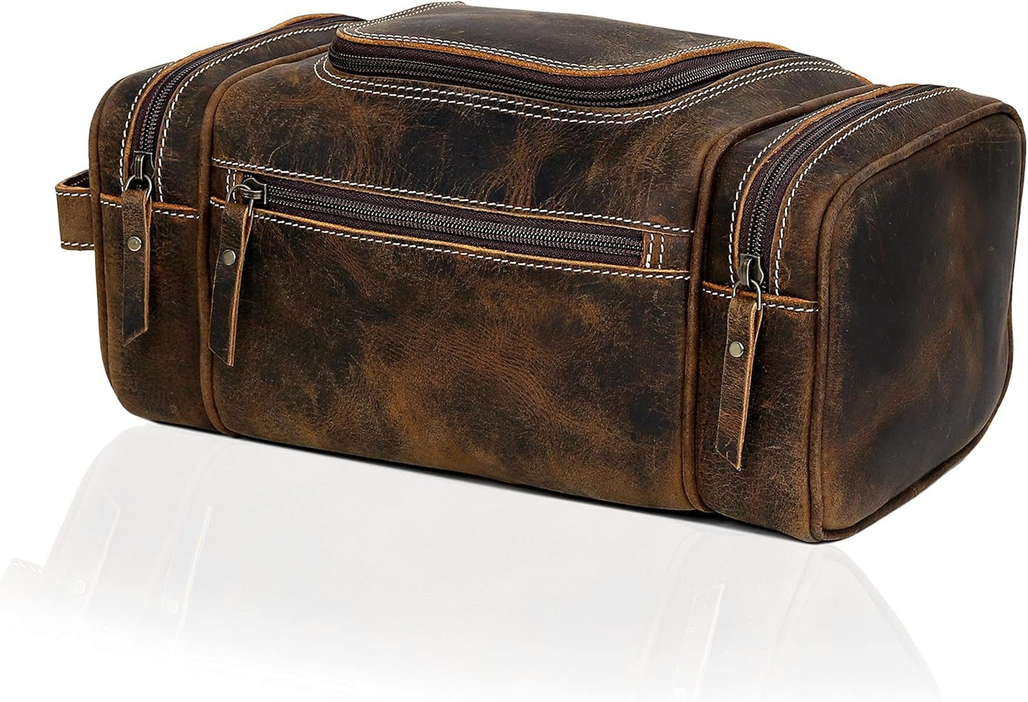 VC VINTAGE COUTURE Extra Large Leather Toiletry Bag for Men, Dopp Kit, Shaving Bag for Travel, Brown, 9.3 x 5.5 x 4.5 Inches