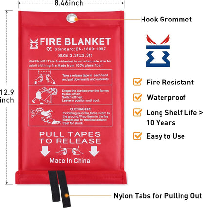 Fire Blanket for Kitchen Home Emergency - Fiberglass Blankets Fire Survival Suspension Flames Retardant Extinguisher for Stove Car Garage Office Camping Caravan BBQ School Fire Safety (1 Pack)