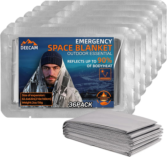 Deecam Emergency Space Blankets, Mylar Thermal Survival Blankets Foil Camping Emergency Heat Reflective Blanket for Outdoor, First Aid, Hiking, Camping Gear, Travel (36Pack)
