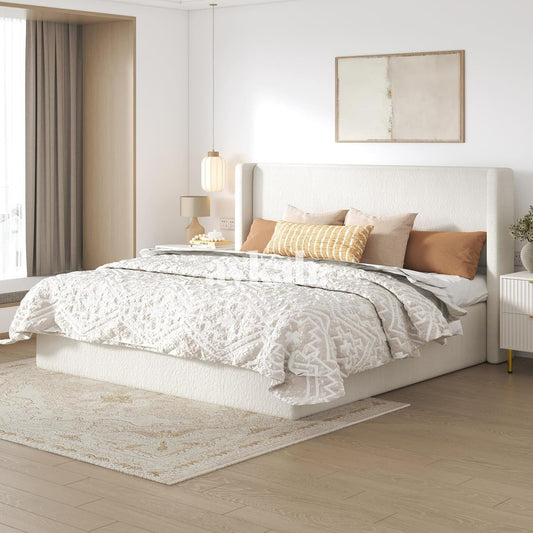 Aykah Aura Cream Upholstered Queen Size Bed Frame with Storage, Upholstered Headboard, Modern Wingback Design Bed, Metal Queen Bed Frame with High Headboard, No Box Spring Required
