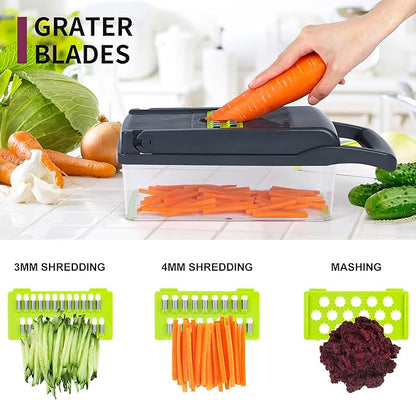 Vegetable Chopper Mandoline Slicer,Veggie Chopper, Multifunctional 10 in 1 Food Choppers, Kitchen Vegetable Slicer Dicer Cutter,Onion Mincer,Cheese Grater,Colander Basket,Kitchen Gadgets (Gray/Green)