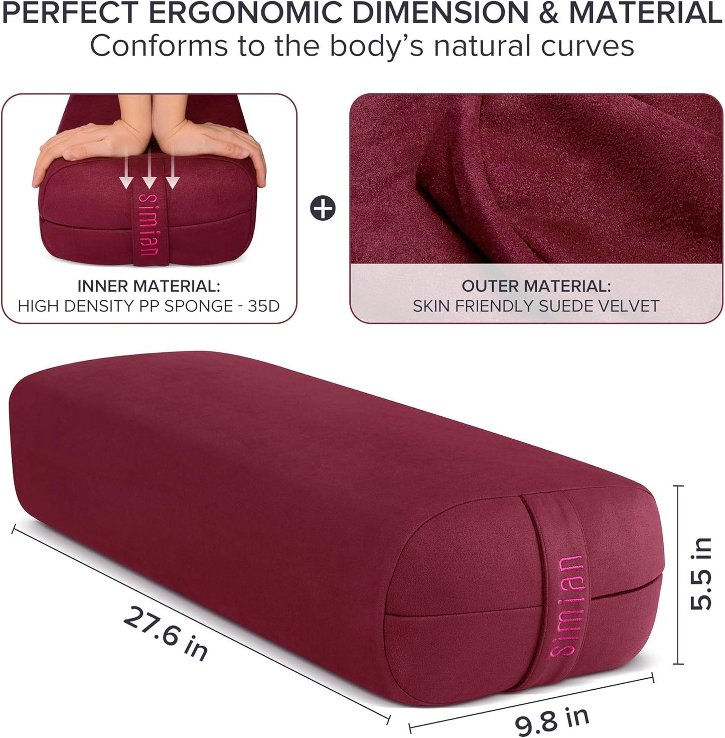Simian Yoga Bolster Pillow Premium Meditation Bolsters Supportive Rectangular Cushion with Skin-Friendly Velvet Cover Washable, Support Cushions Bolster Pillows for Restorative Yoga,Yin Yoga…