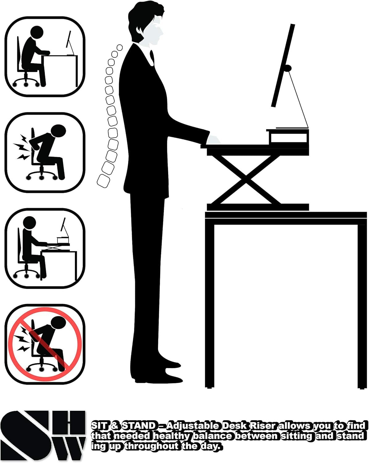 SHW Standing Desk Converter 36-Inch Pneumatic Height Adjustable with Monitor Riser, Black