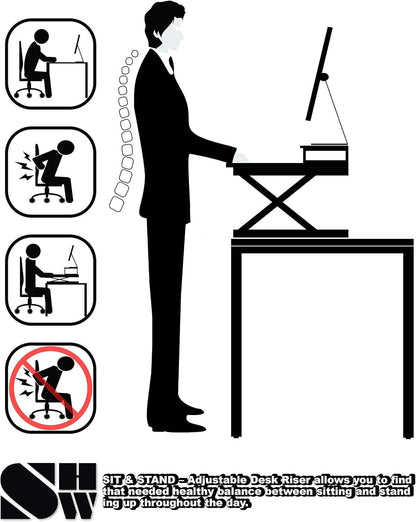 SHW Standing Desk Converter 36-Inch Pneumatic Height Adjustable with Monitor Riser, Black