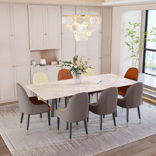 Extendable Dining Table Sintered Stone: Rectangular Kitchen Room Table Stretchable 150cm - 180cm Snow Mountain White Marble Texture Leaves Tables 6-8 Seater with Flat-Sided Oval Steel Legs