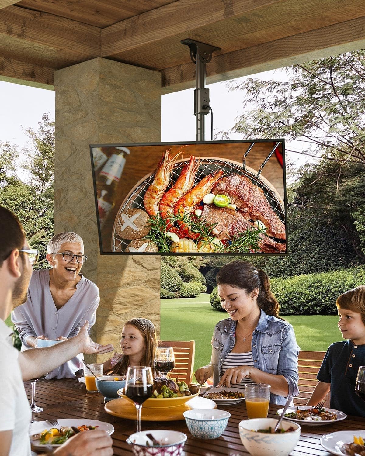 Greenstell Ceiling TV Mount with Power Outlet, TV Mount for 26''-65'' TVs, TV Ceiling Mount with 900J Surge Protection, Swivel, Tilt and 6 Height Adjustable, Max VESA 400x400mm, Holds up to 110LBS