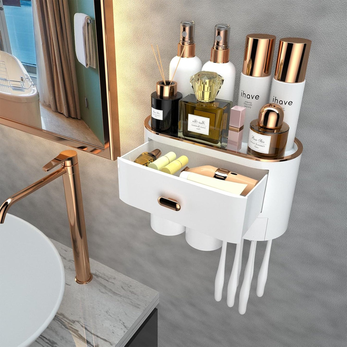 iHave Toothbrush Holders for Bathrooms - 2 Cups Toothbrush Holder Wall Mounted - Makeup Bathroom Tray, Cosmetic Drawer - Bathroom Organizers and Storage, Stylish Bathroom Decor & Bathroom Accessories