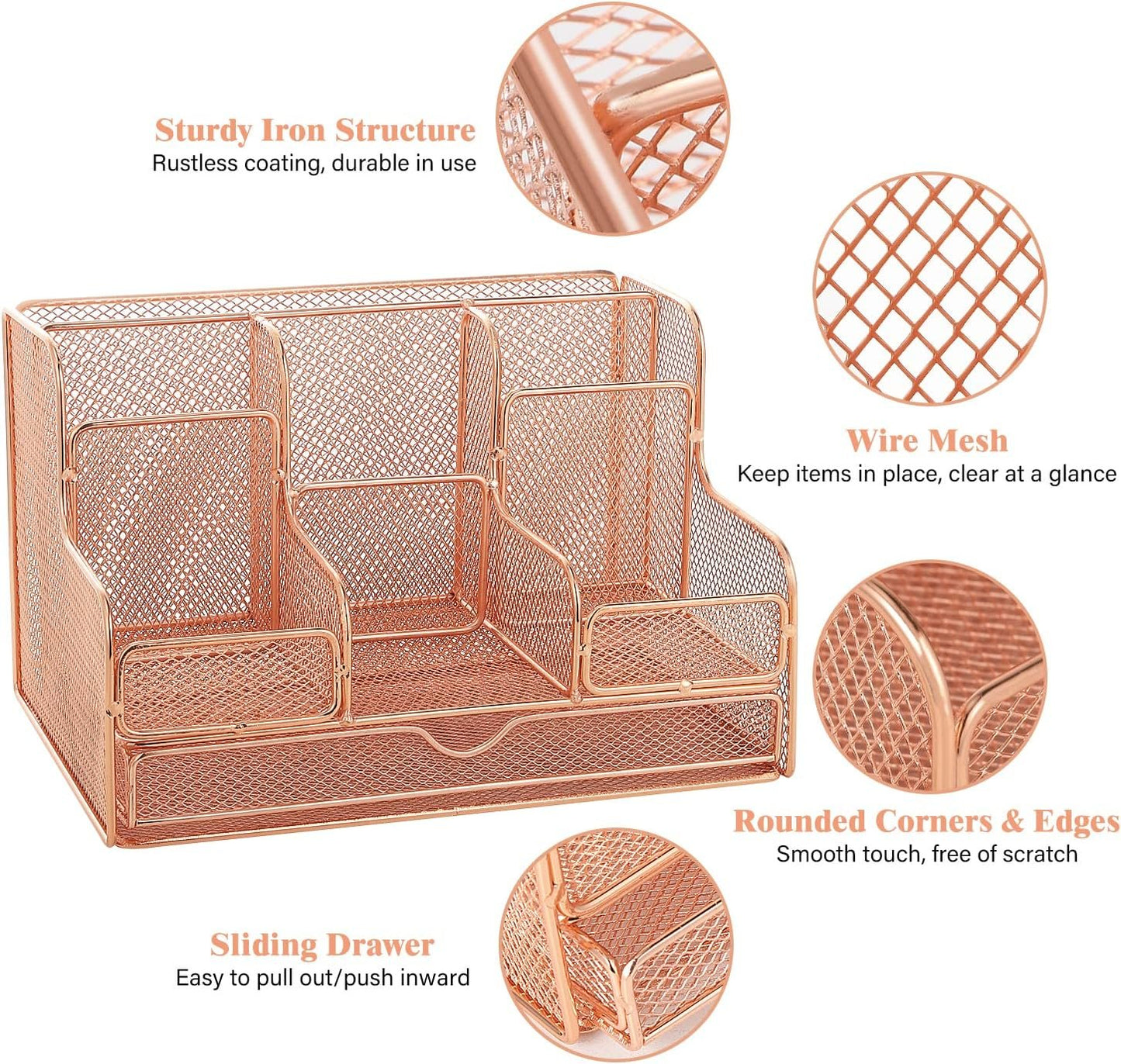 MoKo Desk Organizer,Office Organizers for Desk with 7 Compartments,Desk Organizer with Drawers for Notebook, Pens, Pencils Stationary Accessories School Supplies, Rose Gold