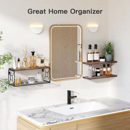 AMADA HOMEFURNISHING Bathroom Shelves with Storage Basket, Floating Shelves for Home Organization & Wall Decor, 3 Set Natural Wood Wall Shelf for Bathroom/Bedroom/Kitchen etc