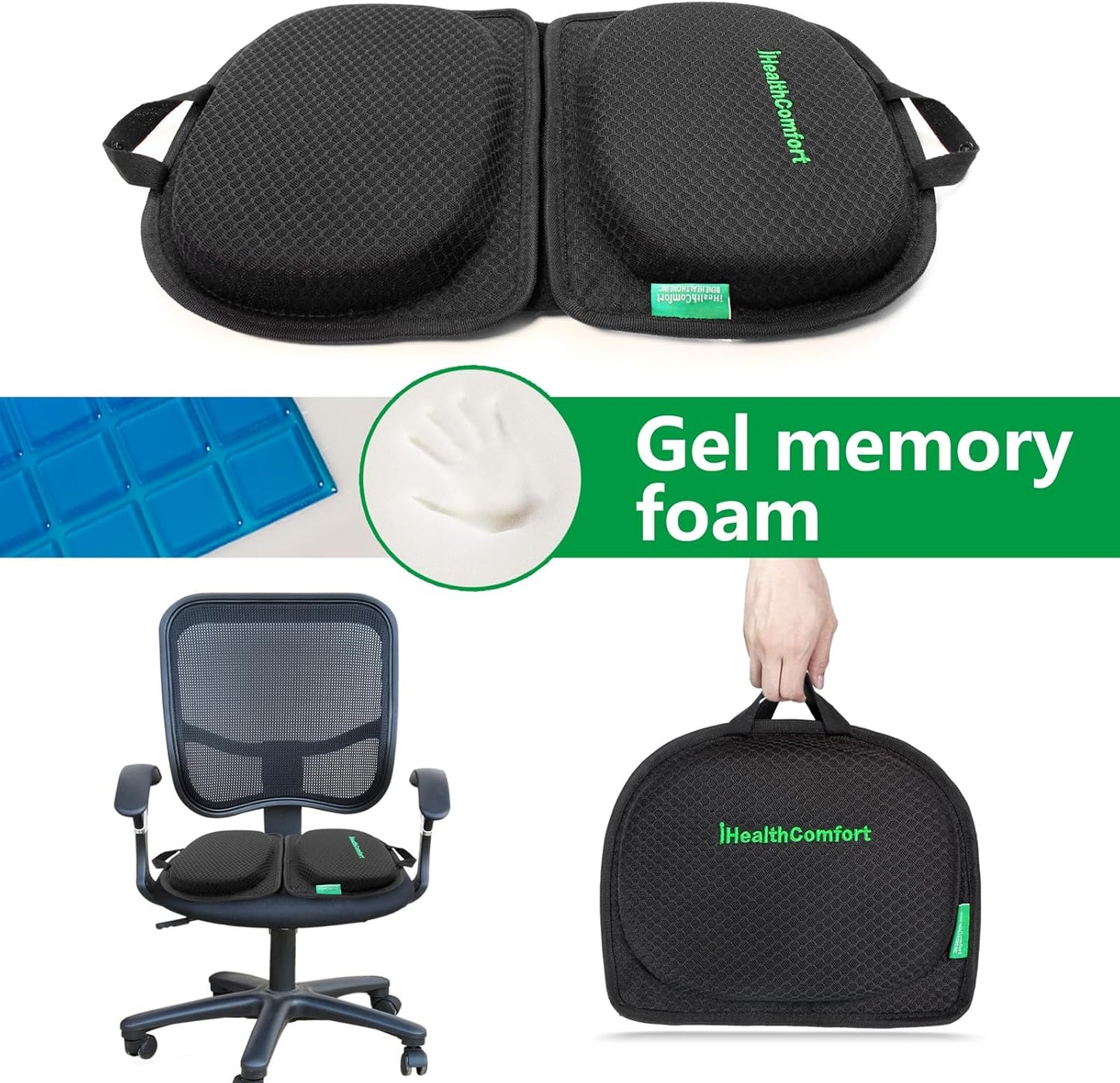 IHEALTHCOMFORT Small Travel Seat Cushion,Portable and Foldable Gel Memory Foam Cushion,Multi-Functional Supportive Firm Butt Pillow,for Long Sitting Driving Trip