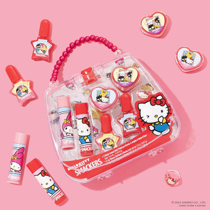 Lip Smacker Hello Kitty Nail Polish & Flavored Lip Balm Makeup Tote - Moisturizing Balms, Colorful Nail Polishes, Sanrio Accessory Ring, Stylish Tote Bag, Perfect Glam Gift for Hello Kitty Lovers