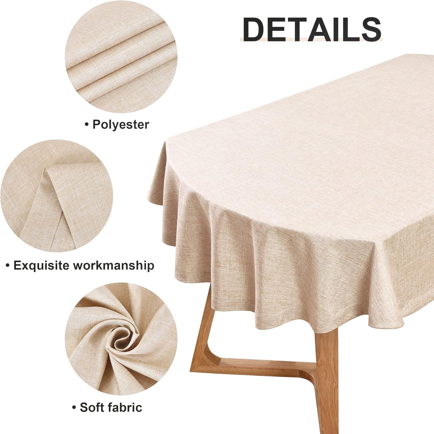 Wolkemer Faux Linen Oval Tablecloth Heavy Duty Wrinkle Resistant Fabric Table Cloths 60 x 102 Inch Beige Farmhouse Rustic Table Cover for Kitchen Dining Indoor Outdoor Tabletop Decoration