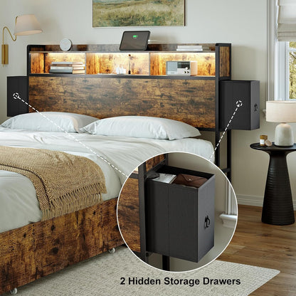 HAUSOURCE Queen Bed Frame with 2-Tier Storage Headboard and 2 Drawers LED Lights Bed Frame Queen Size Metal Platform Non-Slip Without Noise No Box Spring Needed Brown