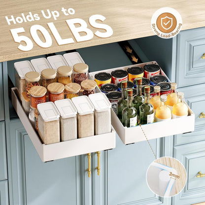 SOLEDI 3 Pack Pull Out Cabinet Organizer, Pull Out Drawers for Kitchen Cabinets, No Punch for Cupboard, Bathroom Cabinet Organizer, Pantry, Slide Out Drawers Shelf Storage (Cream White,3 Sizes)