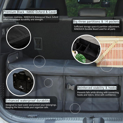 NINEDUCK Car Trunk Organizer with Lid - Black Premium Oxford and Cargo Storage Adjustable for Auto, Sedan, SUV, Van, Truck (ExtraLarge, Collapsible), Straps