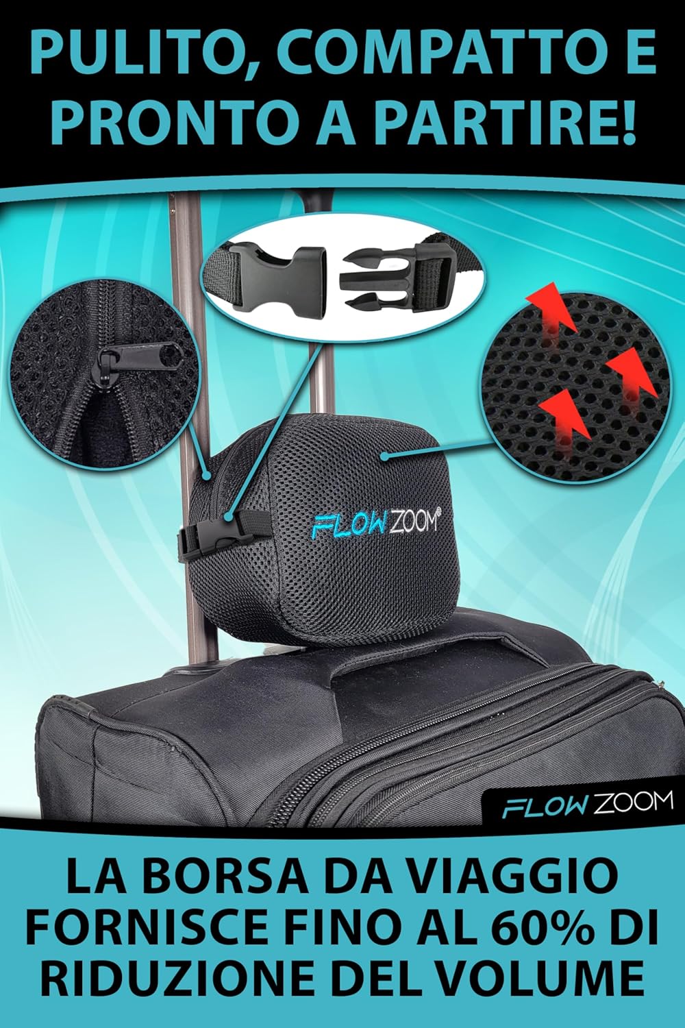 FLOWZOOM Dream Memory Foam Travel Neck Pillow - Airplane & Car Pillow, Adjustable with Raised Sides for Extra Support, Velvety Washable Lining and Mesh Bag - Black