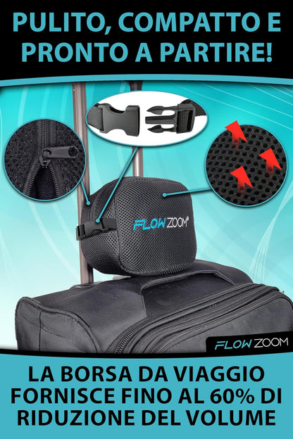 FLOWZOOM Dream Memory Foam Travel Neck Pillow - Airplane & Car Pillow, Adjustable with Raised Sides for Extra Support, Velvety Washable Lining and Mesh Bag - Black