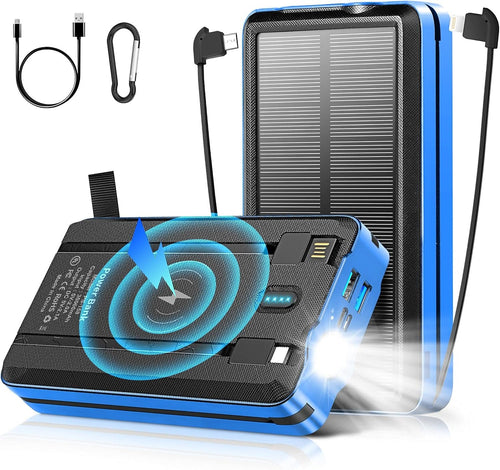 Solar Portable Power Bank Charge 6 Phones at The Same Time 30000mAh Solar Charger with 4 Wires and Wireless Charging Function LED Camping Lights External Battery Pack Outdoor Camping Equipment (Blue)