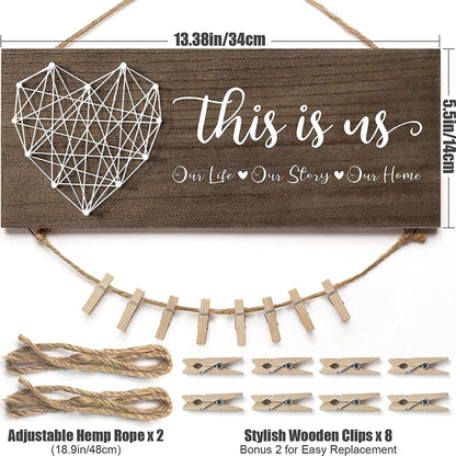 Baoswi Housewarming Gifts New Home Wall Decor Sign, This is Us Family Picture Frame Wedding Gifts for Couples Farmhouse Rustic Hanging Photo Holder, Gift for New Homeowner