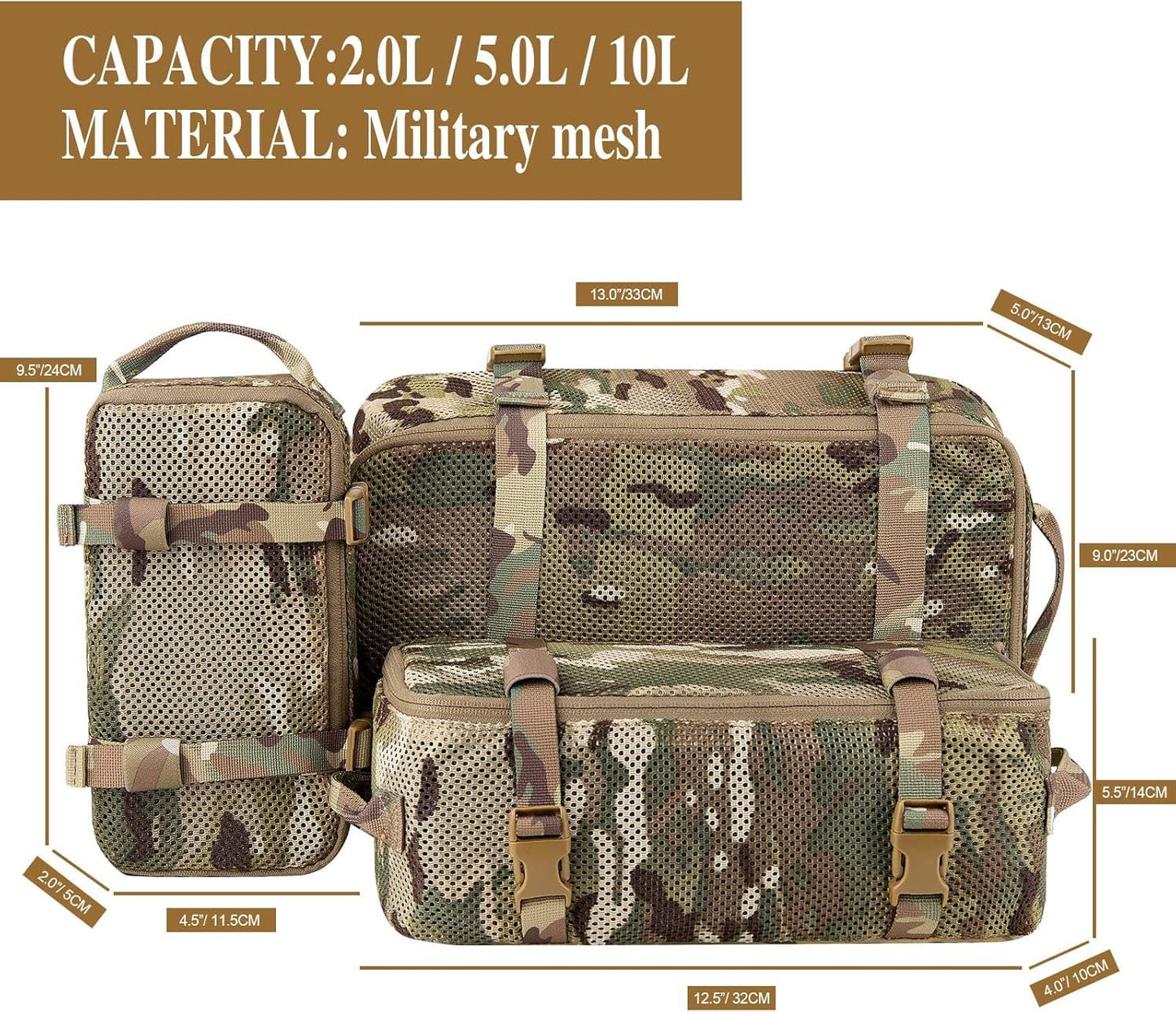 PETAC GEAR 3 PCS Tactical Modular Packing Cubes, Large Capacity Mesh Storage Bag,Outdoor Travel Organize Storage Pouches Bags., camouflage, Large, Quick Dry Mesh