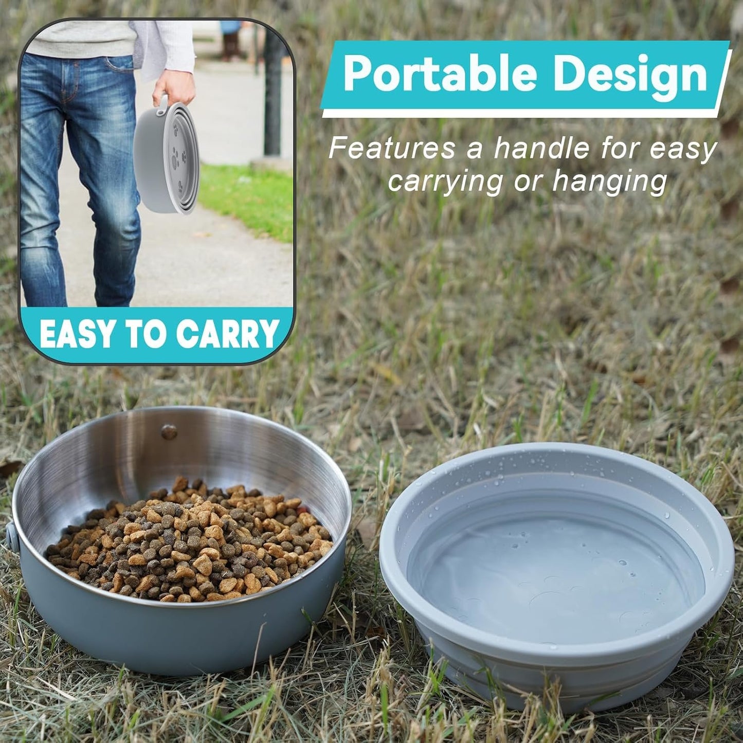 Travel Dog Bowls with Lid, 2 in 1 30Oz Collapsible Dog Water Bowl, 40Oz Stainless Steel Dog Food Bowl Foldable Silicone Water Bowl Portable Pet Feeding Watering Dish for Medium/Small Dogs,Cats