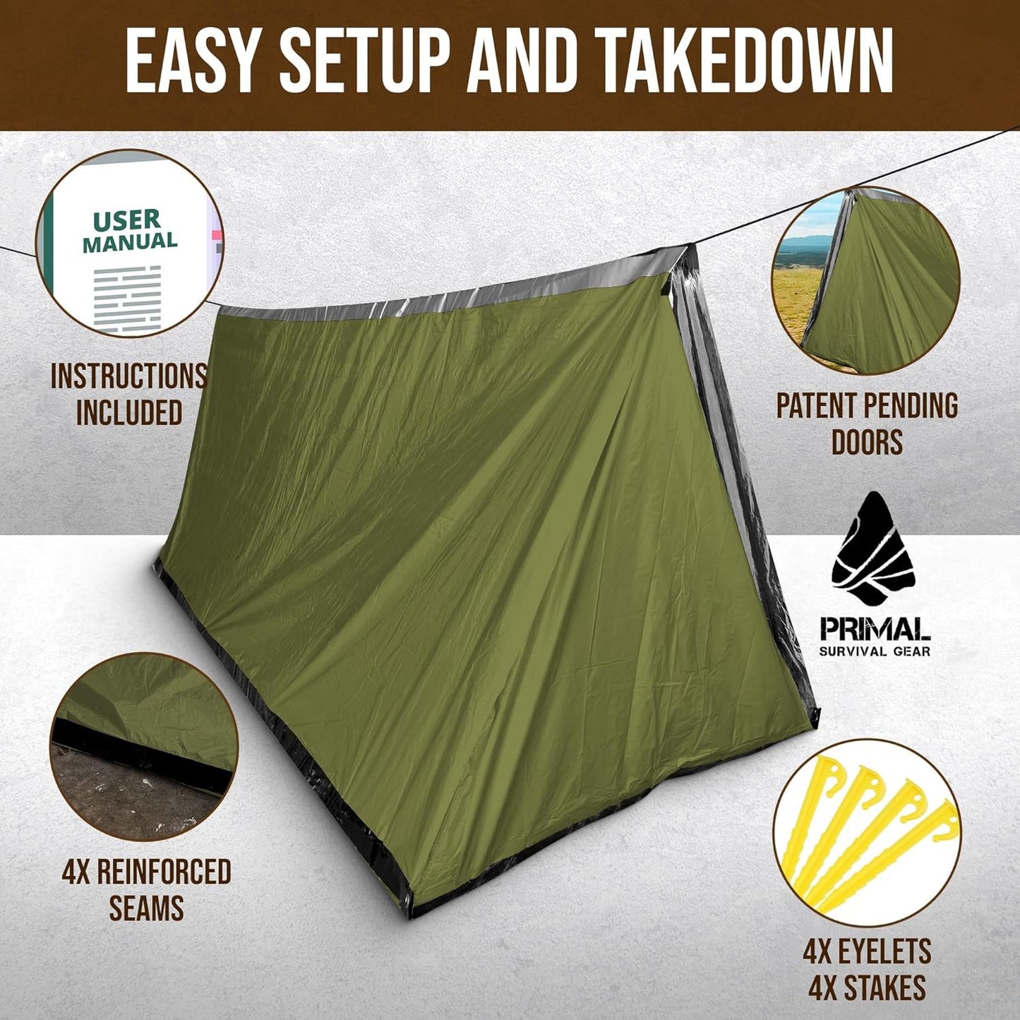Primal Survival Gear Orange Polyester Survival Tent with Doors - Compact, Durable, All-Season Shelter for Camping, Hiking, and Emergency Preparedness
