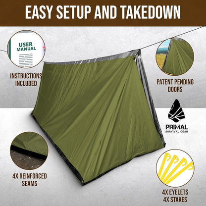 Primal Survival Gear Orange Polyester Survival Tent with Doors - Compact, Durable, All-Season Shelter for Camping, Hiking, and Emergency Preparedness