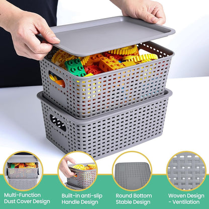 Plastic Storage Baskets with Lid - Plastic Storage Containers Stackable Storage bins: Storage Baskets for Organizing Shelves Drawers Desktop Closet Playroom Classroom Office, 8 Pack-Gray