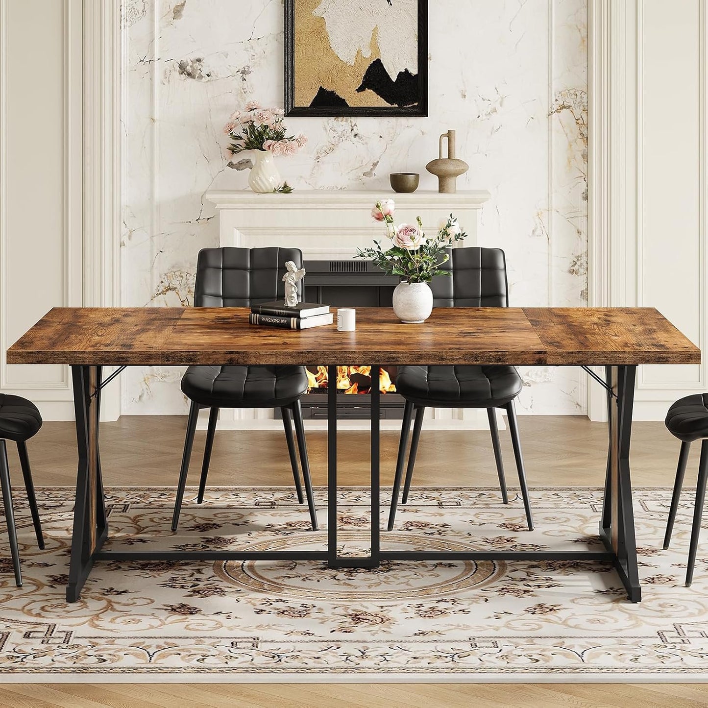 HOOBRO Dining Table, 180 cm Kitchen Dining Room Table with Sturdy Metal Frame, Rectangle Furniture with Heavy Duty Legs & Wooden Top, for Home Kitchen Living Room, Rustic Brown and Black BF180CZ01