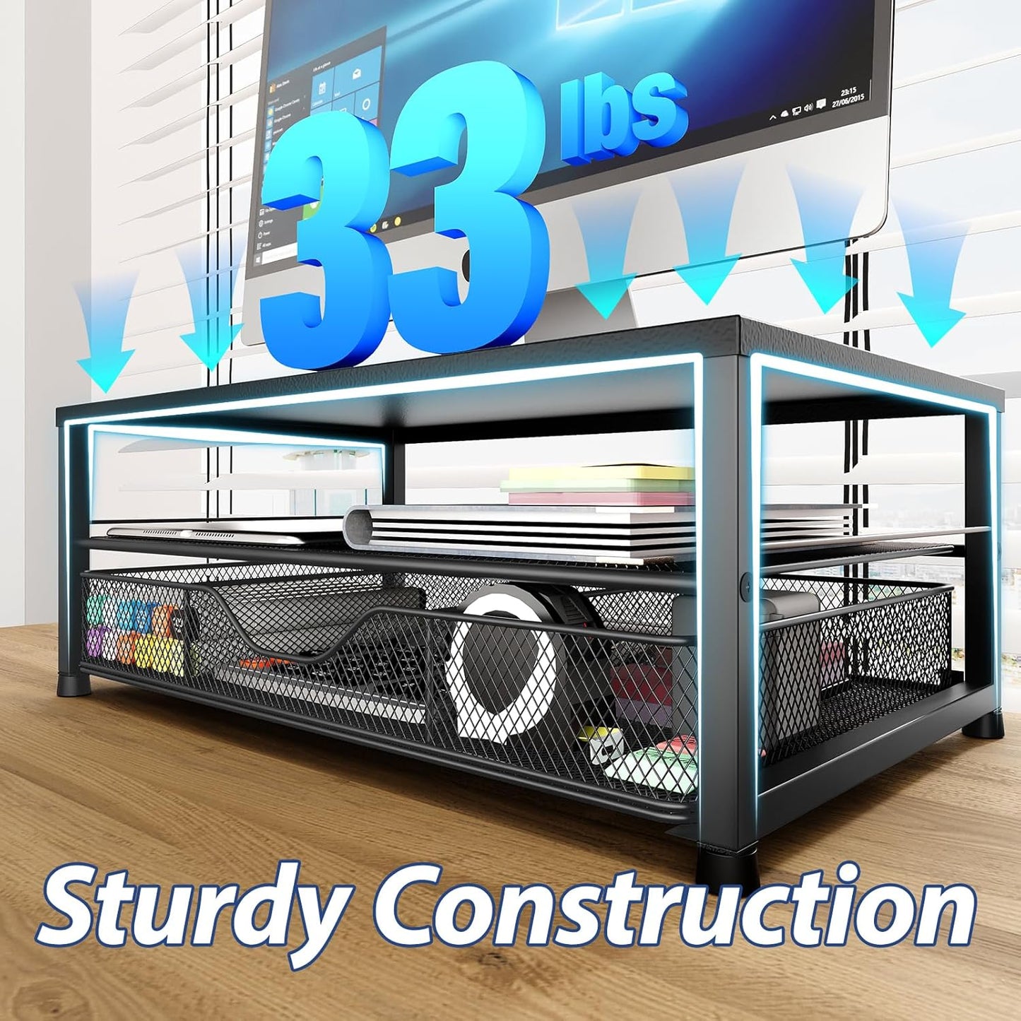 Desk Organizer and Accessories, 2-Tier Computer Monitor Stand with Drawer and 2 Pen Holders, Office Desk Accessories for Office Supplies, Black