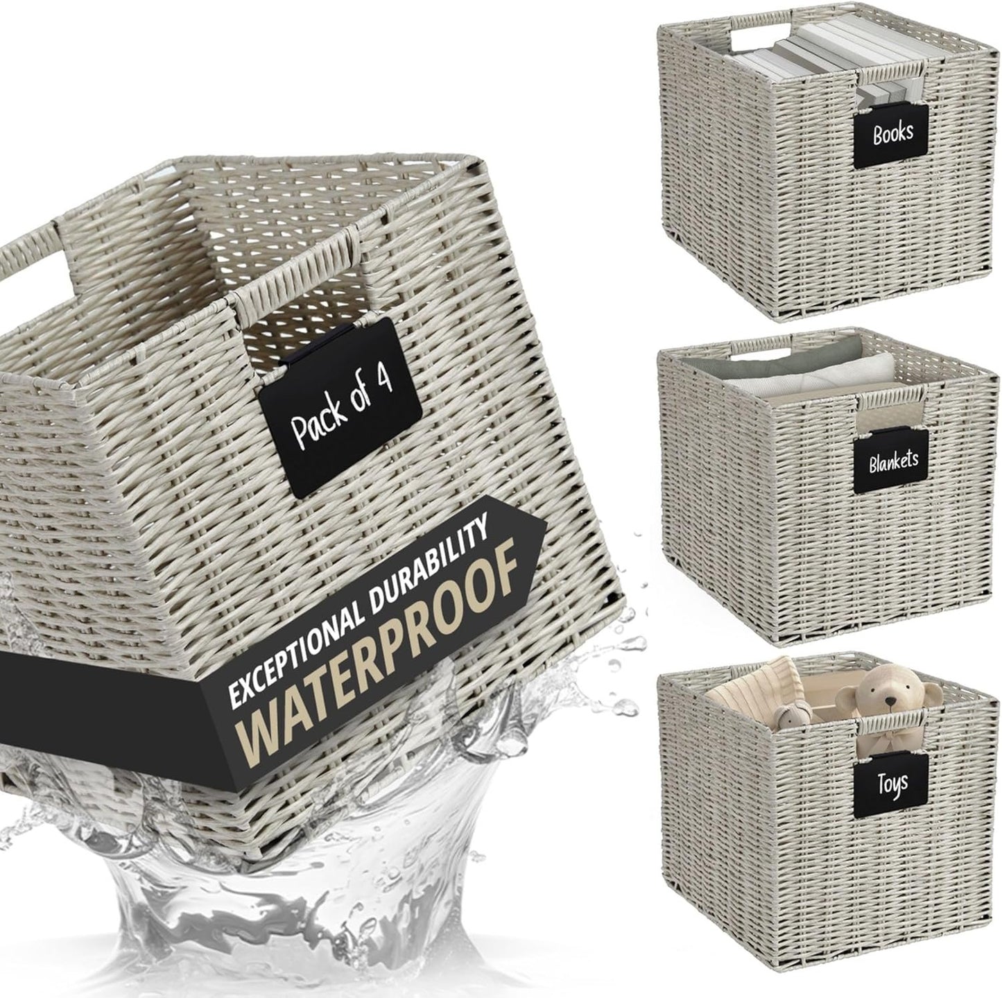 DECOMOMO Wicker Baskets Storage Organization Waterproof Plastic Storage Cubes for Toys, Books, Clothes (Set of 4 - Pastel Green)