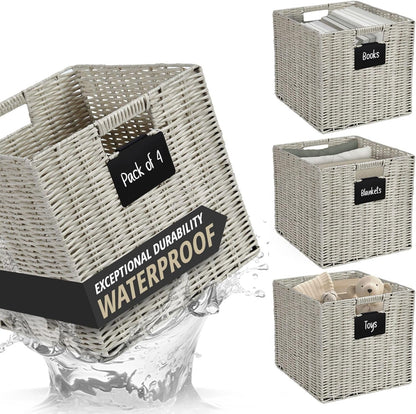 DECOMOMO Wicker Baskets Storage Organization Waterproof Plastic Storage Cubes for Toys, Books, Clothes (Set of 4 - Pastel Green)