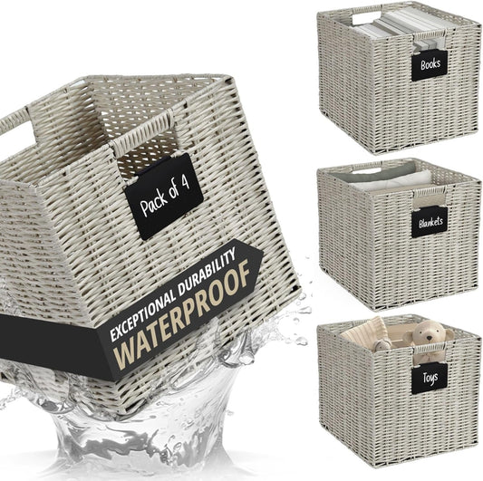 DECOMOMO Wicker Baskets Storage Organization Waterproof Plastic Storage Cubes for Toys, Books, Clothes (Set of 4 - Pastel Green)