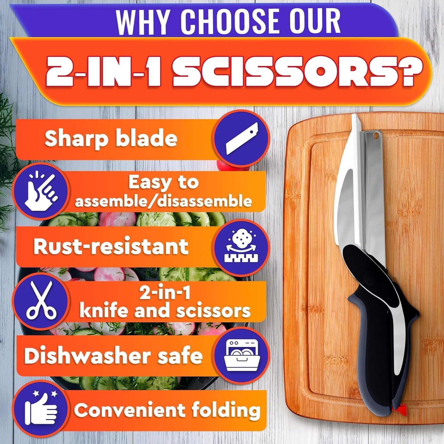 Kitchen Scissors for Food â€“ 2-in-1 Cutting Board Scissors & Knife with Locking Mechanism & Stainless Steel Blades â€“ Multifunctional Kitchen Shears for Effortless Chopping, Slicing & Meal Prep