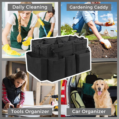 Wearable Cleaning Caddy Organizer with Handle & Shoulder Straps for Housekeepers, Under Sink & Car Cleaning Tool Organizer Bag with 4 Foldable Dividers (Black)