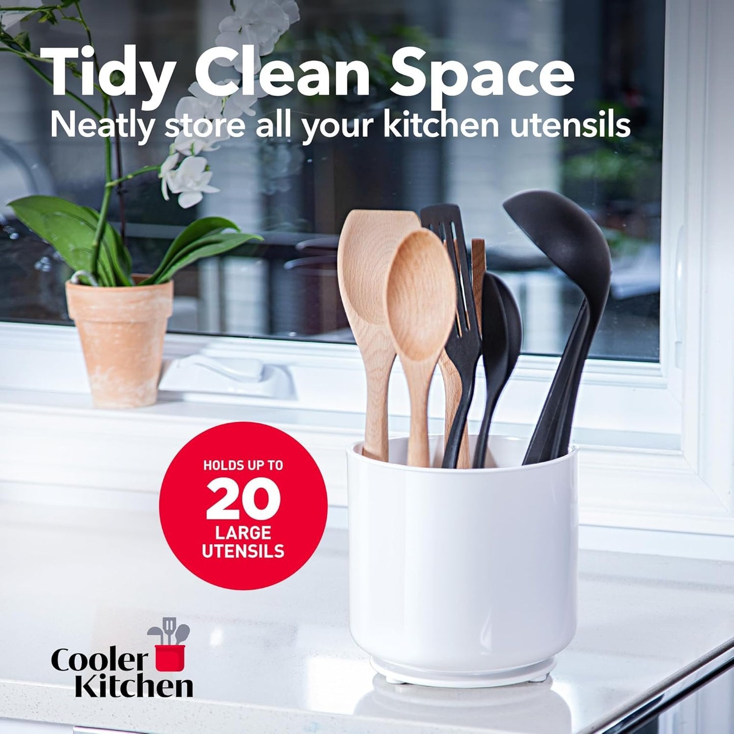 Extra Large Heavy Duty Rotary Tool Holder with Weighted Spill Resistant Base, Removable Divider and Fitted Kitchen Utensil Holder Insert, Rust Proof and Dishwasher Safe White