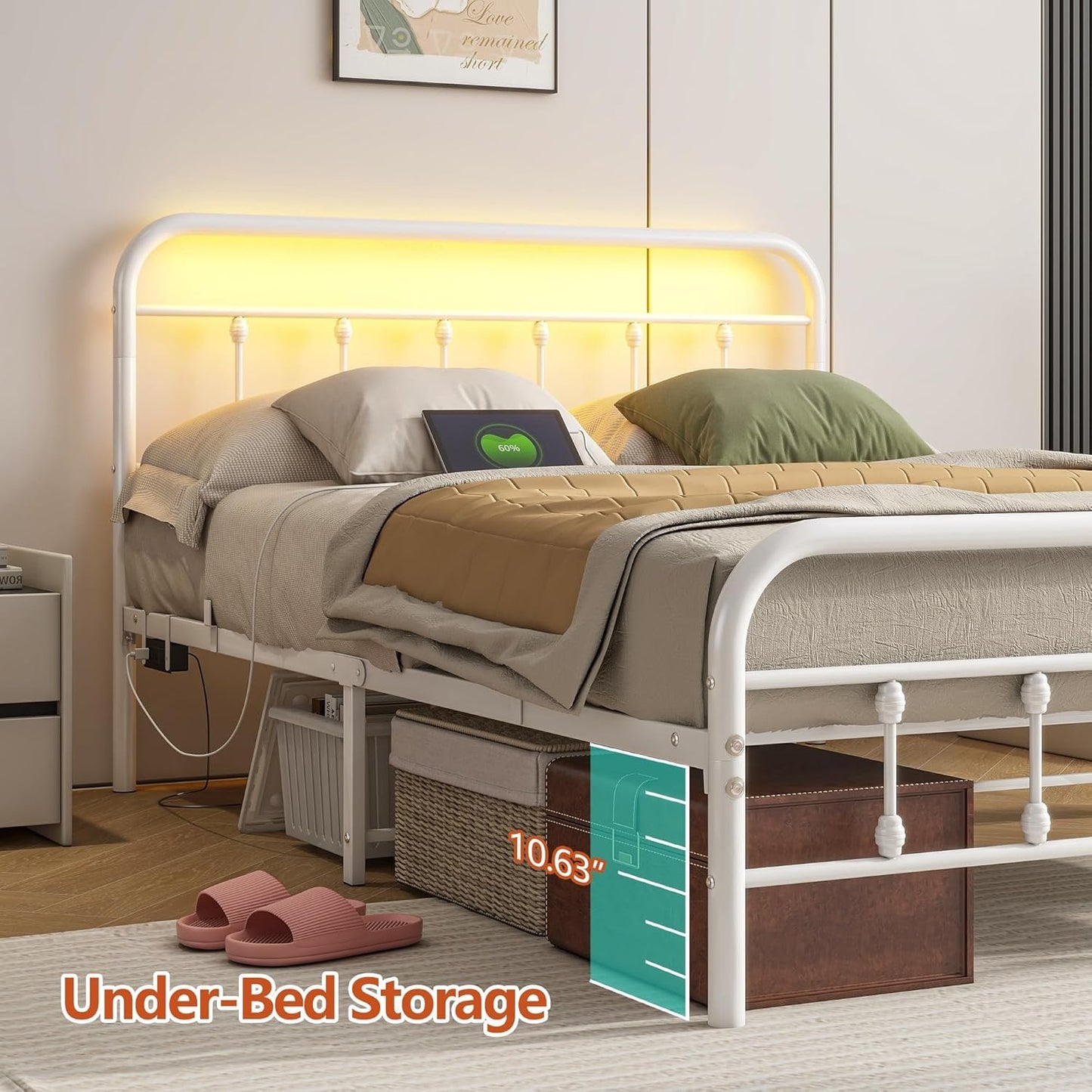 Maliacife Metal Bed Frame Double,Full Size Bed Frames with Charging Station and LED Headboard,Metal Platform Bed with Under Bed Storage, No Box Spring Needed, Noise Free,Easy Assembly,White