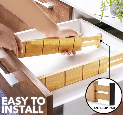 DoublleHui Bamboo Drawer Dividers with Inserts and Labels, Expandable Organization for Home, Office, Dressers, 4 Dividers with 9 Inserts (43-56cm), Natural Brown